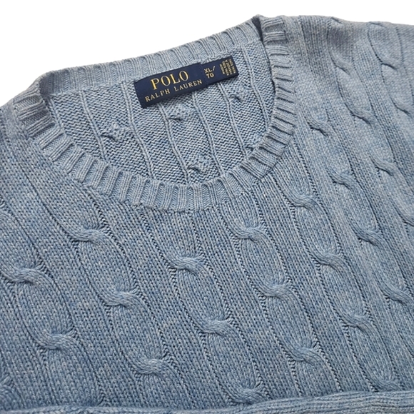 Polo | 100% Silk Tussah | Logo Embroidered Cable-Knit Sweater | Men's | Blue - Picture 5 of 9